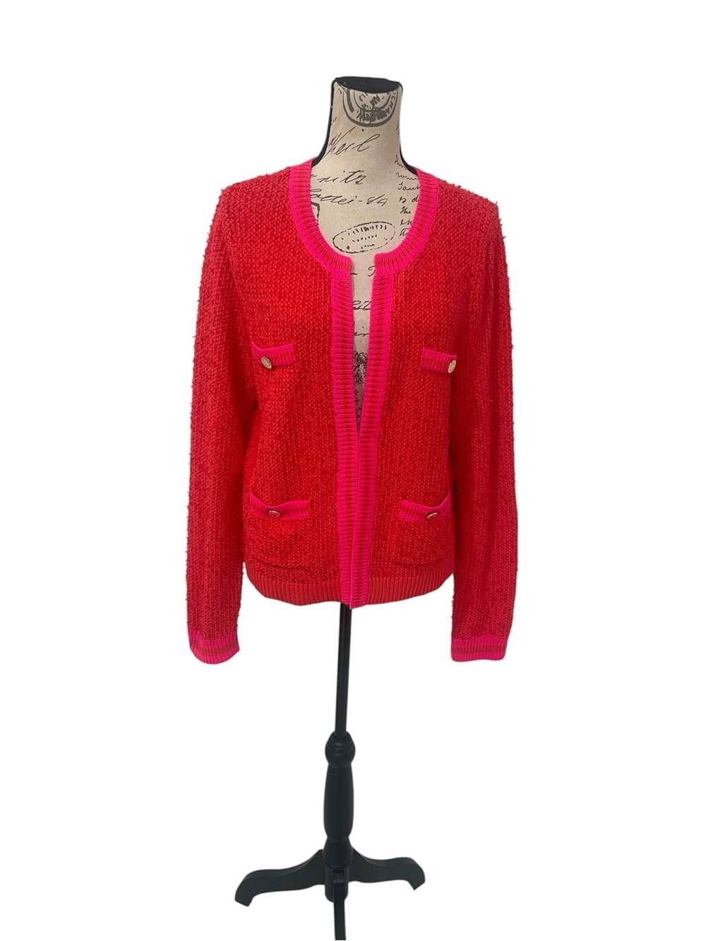 Lilly Pulitzer Red Pink Textured Cardigan Gold Buttons Large